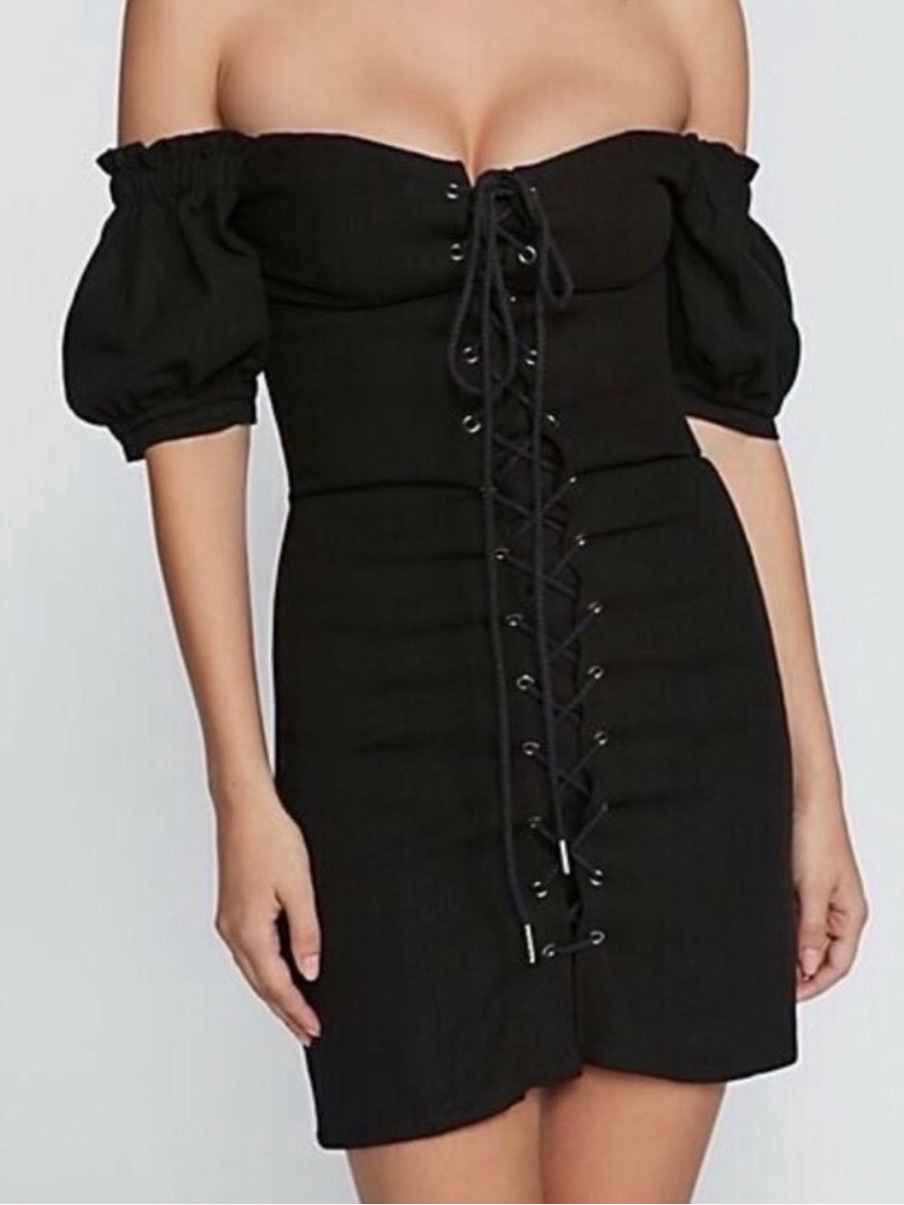 Stone Cold Fox Off-Shoulder Black Lace-Up Mini Dress Pamela 3
